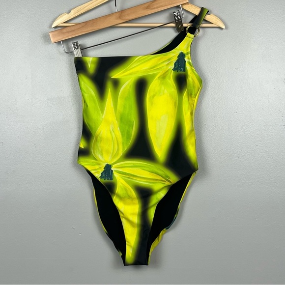 Louisa Ballou yellow green & black one shoulder high cut 1 piece swimsuit small